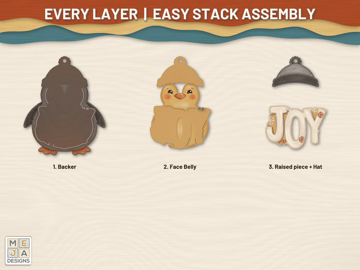 Rustic JOY Penguin Ornament laser cut file: every layer laid out