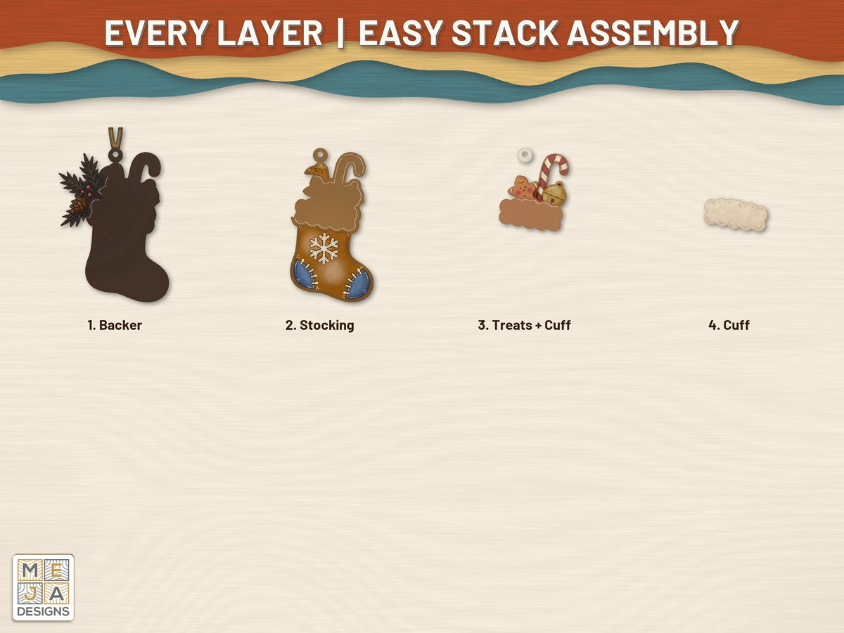 Gingerbread Stocking Ornament laser cut file: every layer laid out
