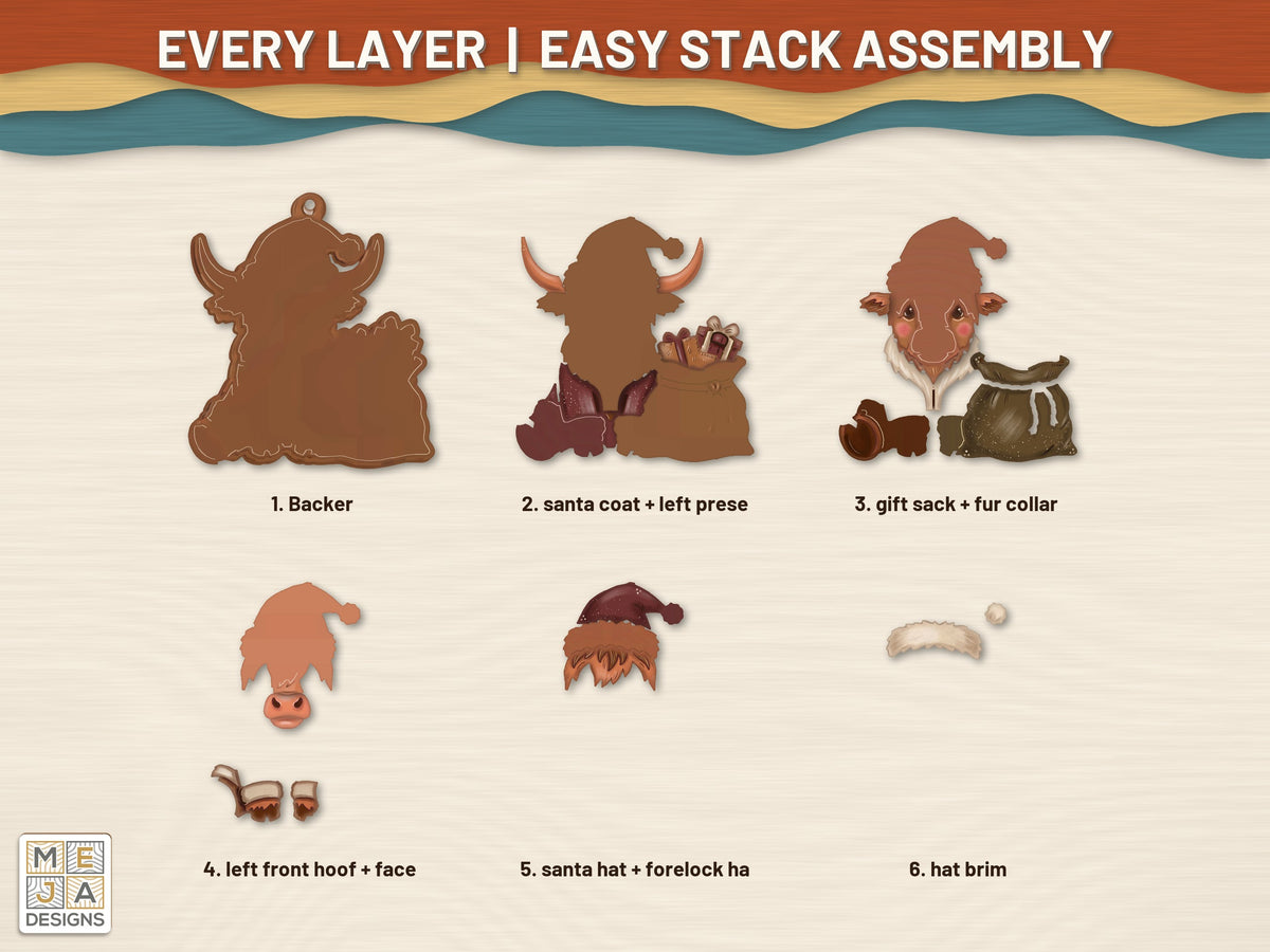 Santa Highland Cow Ornament laser cut file: every layer laid out