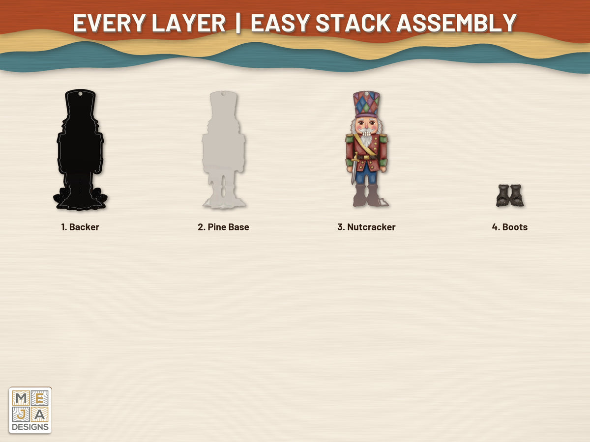 Stained Glass Nutcracker Ornament laser cut file: every layer laid out
