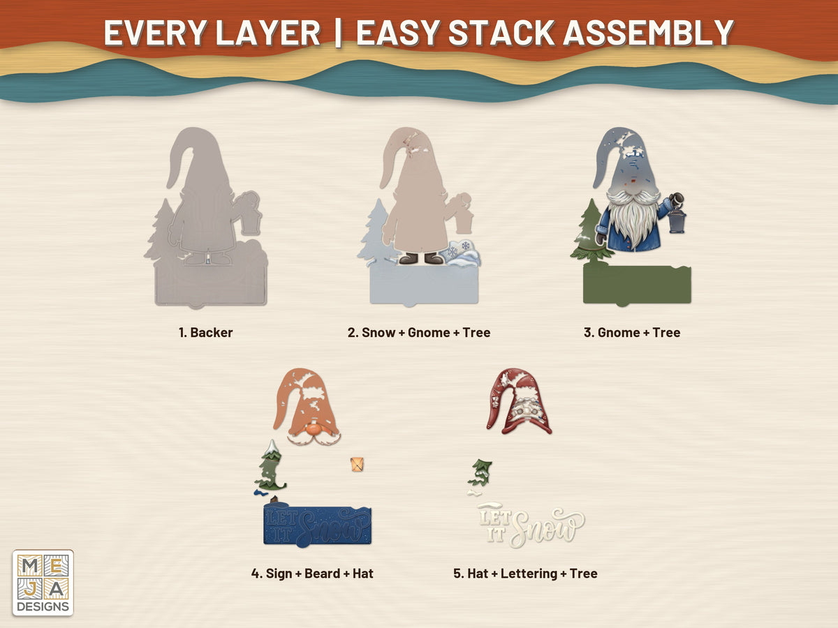 Let It Snow Gnome laser cut file: every layer laid out