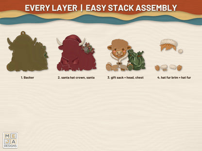 Highland Cow Santa Ornament laser cut file: every layer laid out