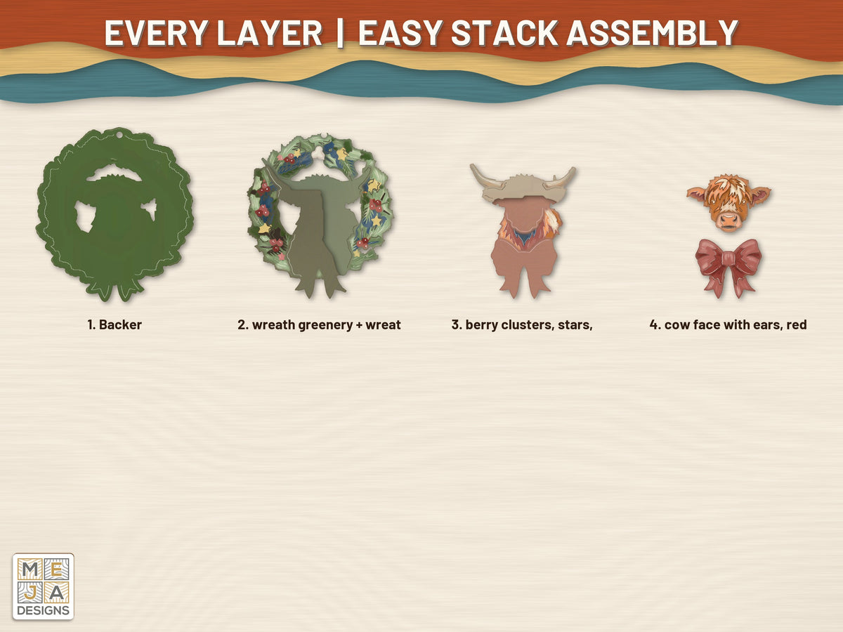 Highland Cow Wreath Ornament laser cut file: every layer laid out