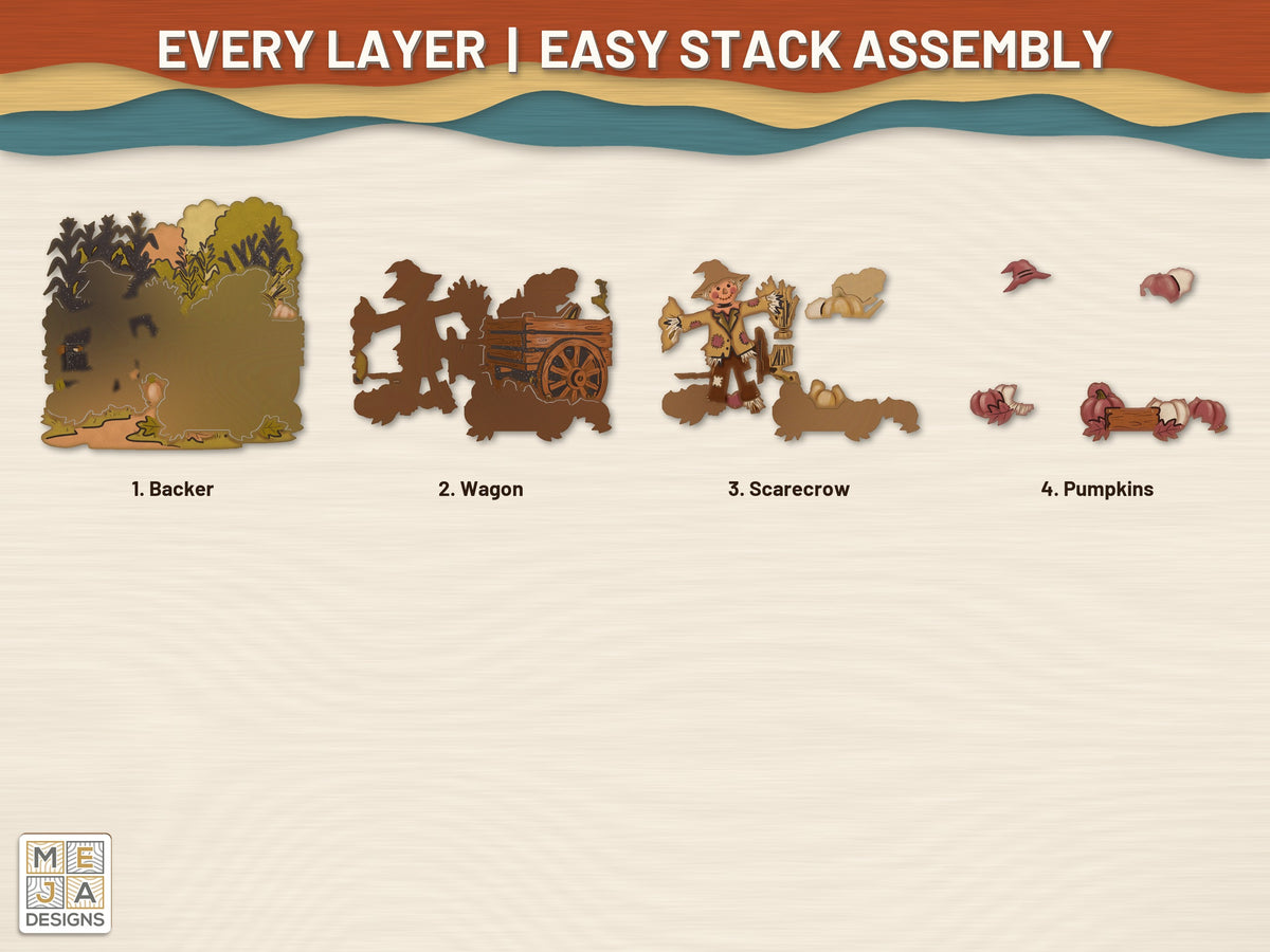 Harvest Scarecrow Wagon Sign laser cut file: every layer laid out