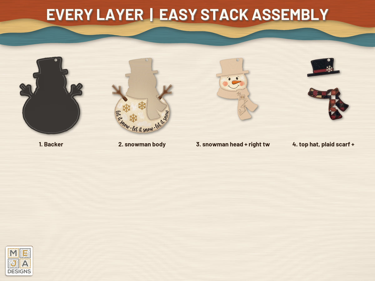 Buffalo Plaid Snowman Ornament laser cut file: every layer laid out