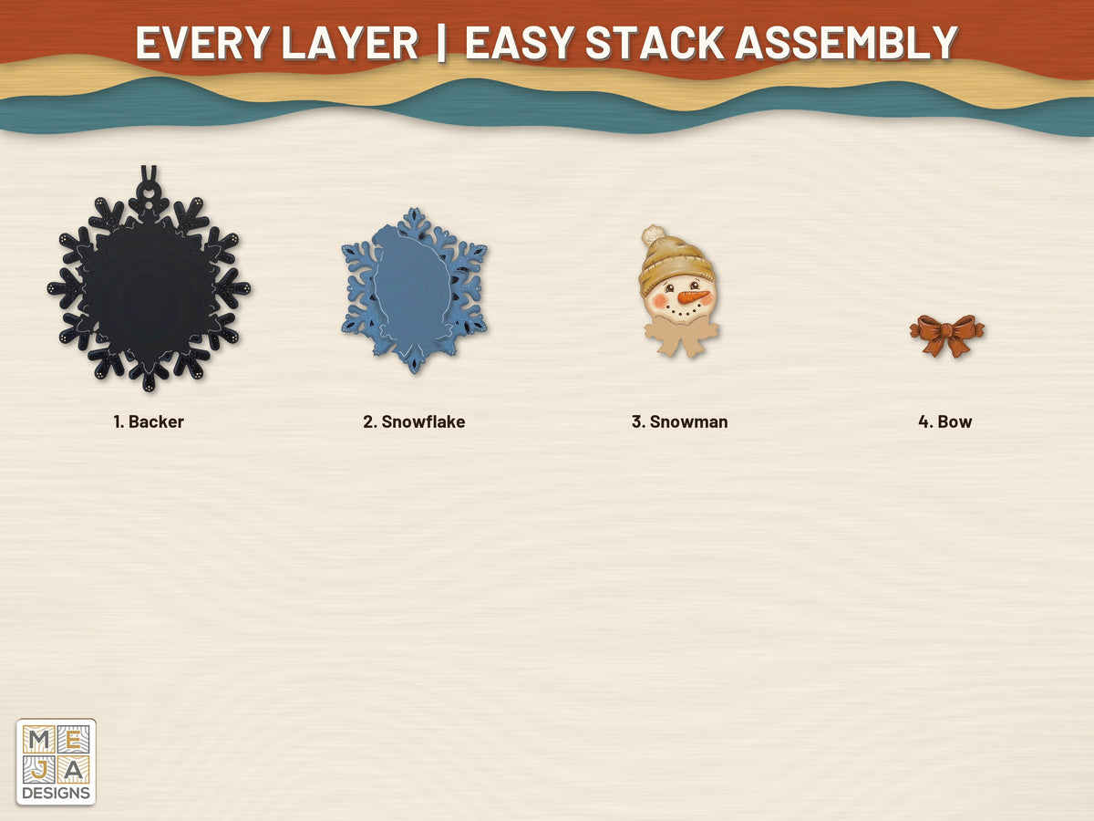 Snowman Snowflake Ornament laser cut file: every layer laid out