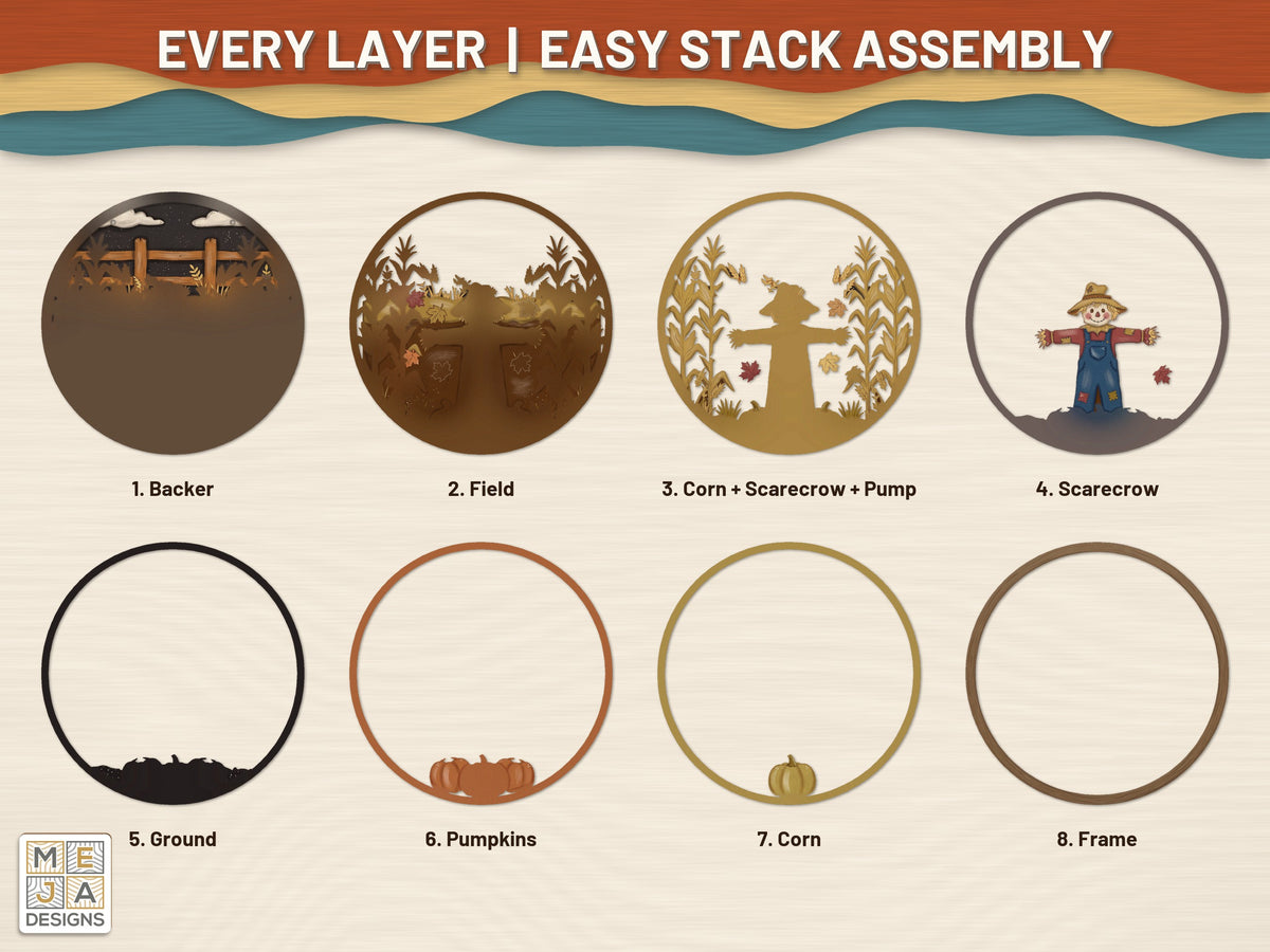 Rustic Cornfield Scarecrow Sign laser cut file: every layer laid out