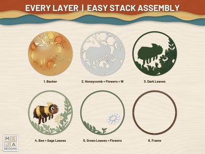Honeycomb Bee Hanger laser cut file: every layer laid out