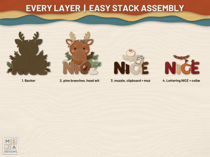 Nice List Reindeer Ornament laser cut file: every layer laid out