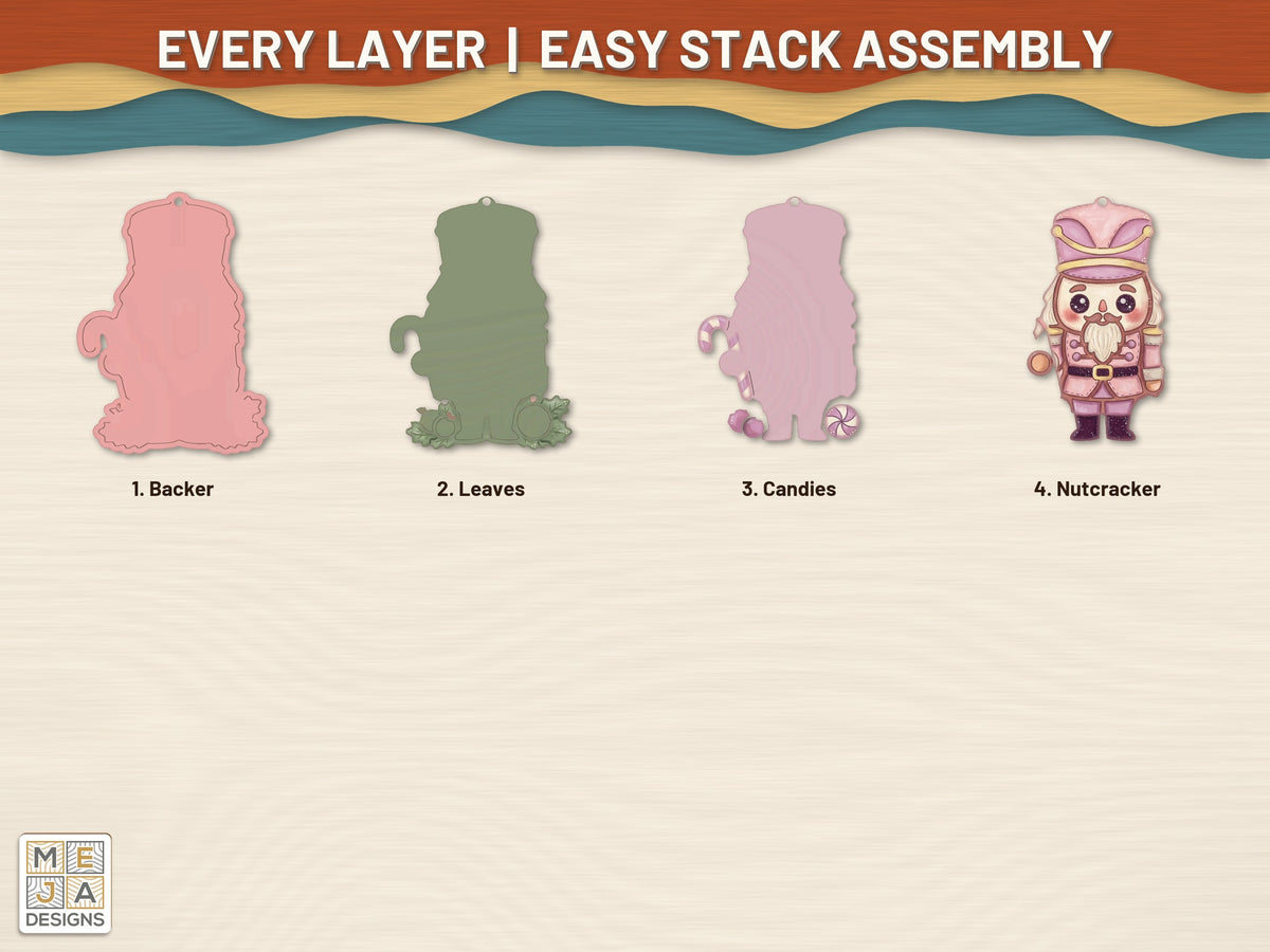 Sugar Plum Nutcracker Ornament laser cut file: every layer laid out