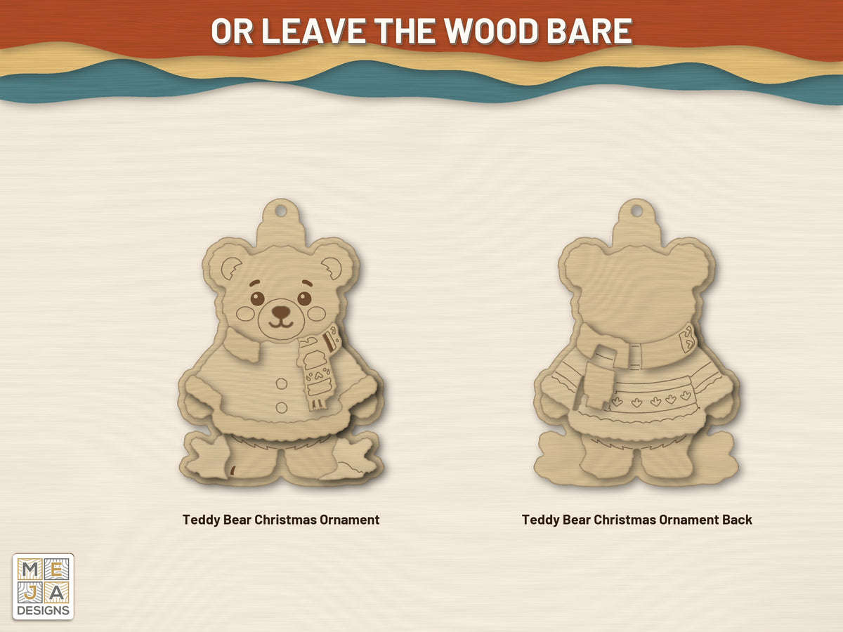 Two-Sided Teddy Bear Christmas Ornament laser cut file: cut in bare wood, unpainted