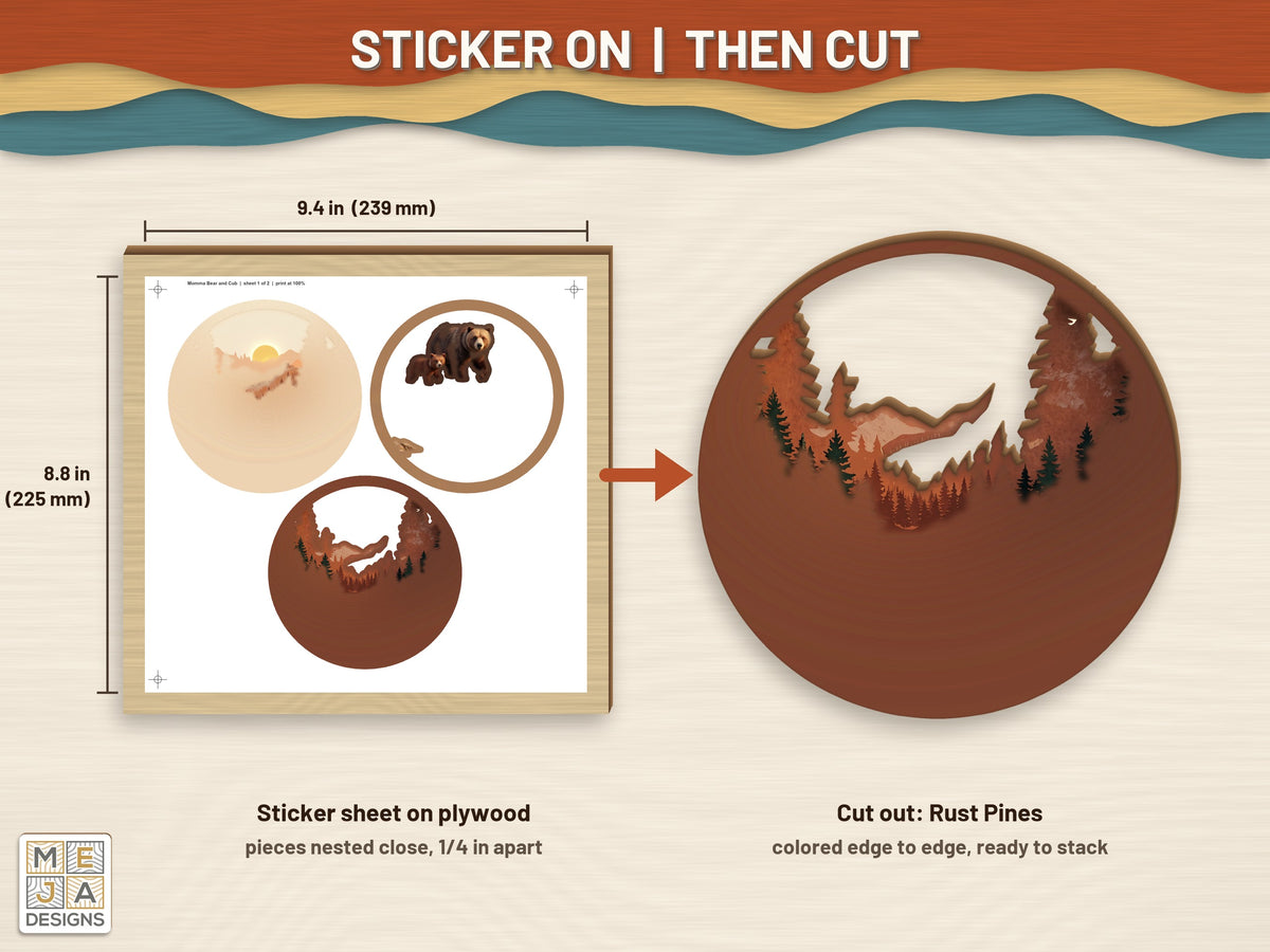 Momma Bear and Cub sticker pack: a sticker sheet on the wood, then cut on the laser