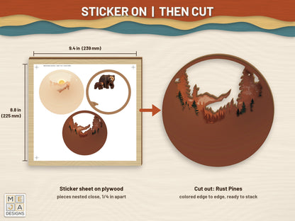 Momma Bear and Cub sticker pack: a sticker sheet on the wood, then cut on the laser