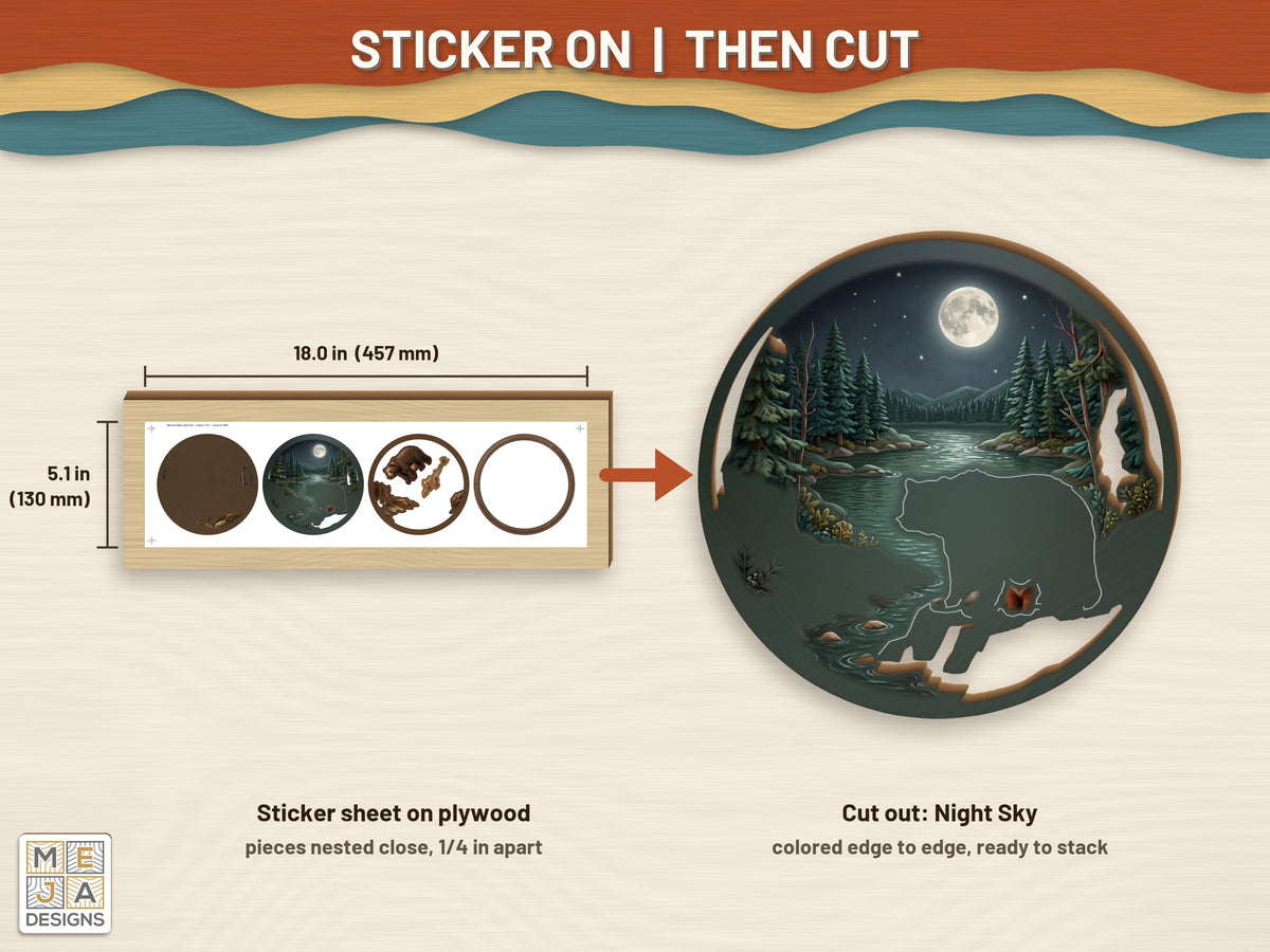 Momma Bear and Cub sticker pack: a sticker sheet on the wood, then cut on the laser