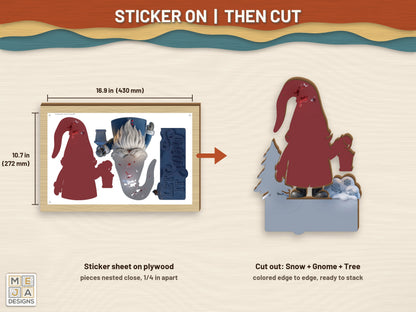 Let It Snow Gnome sticker pack: a sticker sheet on the wood, then cut on the laser