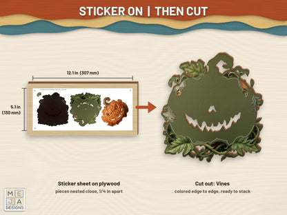 Vine Wreath Jack-O'-Lantern Magnet sticker pack: a sticker sheet on the wood, then cut on the laser