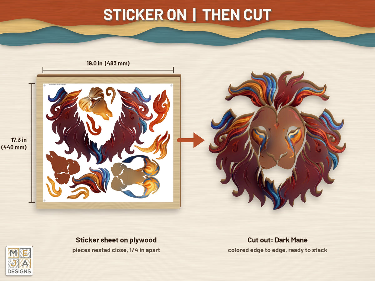 Swirl Lion Head Sign sticker pack: a sticker sheet on the wood, then cut on the laser