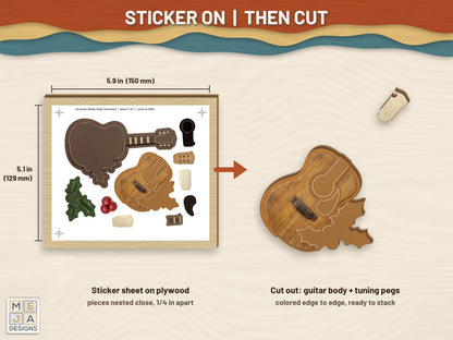 Acoustic Guitar Holly Ornament sticker pack: a sticker sheet on the wood, then cut on the laser