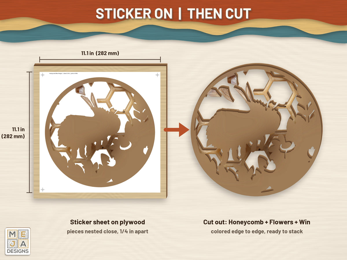 Honeycomb Bee Hanger sticker pack: a sticker sheet on the wood, then cut on the laser