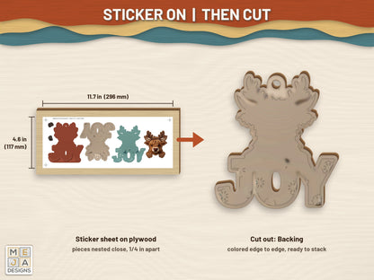 Highland Cow Joy Ornament sticker pack: a sticker sheet on the wood, then cut on the laser
