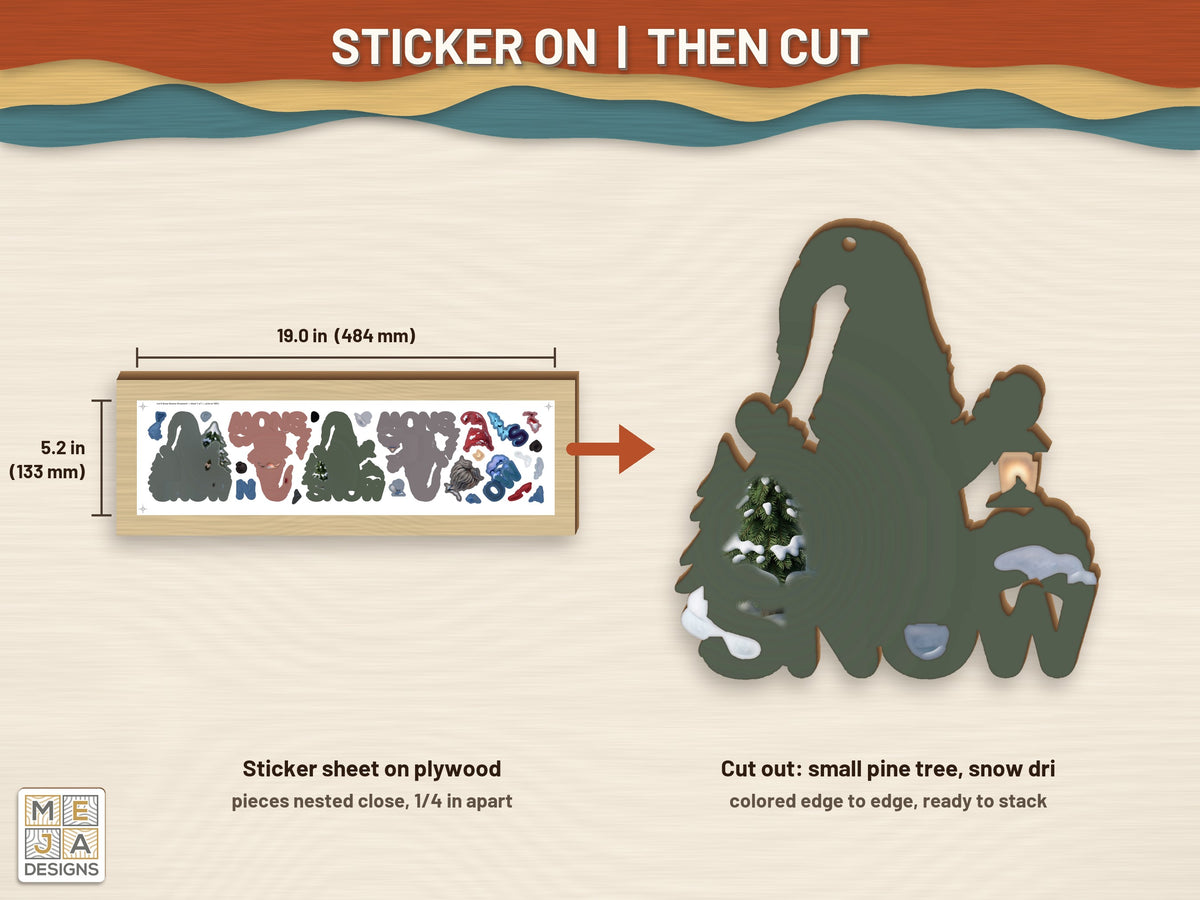 Let It Snow Gnome Ornament sticker pack: a sticker sheet on the wood, then cut on the laser