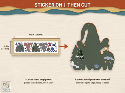 Let It Snow Gnome Ornament sticker pack: a sticker sheet on the wood, then cut on the laser