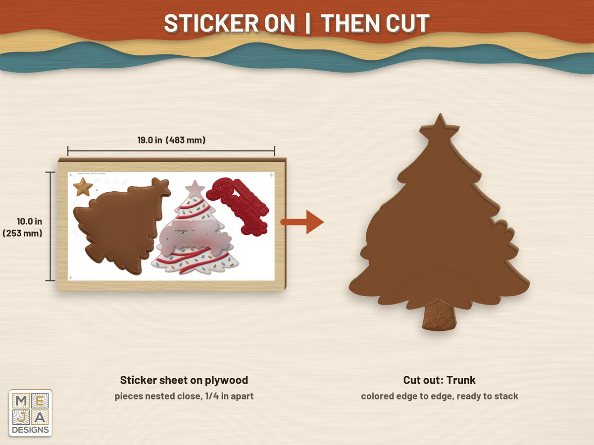 Candy Stripe Tree Sign sticker pack: a sticker sheet on the wood, then cut on the laser