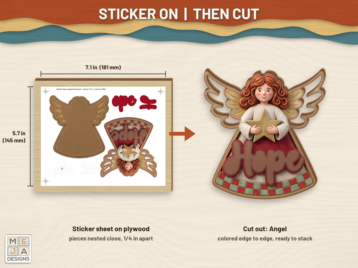 Rustic Hope Angel Ornament sticker pack: a sticker sheet on the wood, then cut on the laser