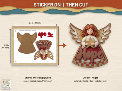 Rustic Hope Angel Ornament sticker pack: a sticker sheet on the wood, then cut on the laser