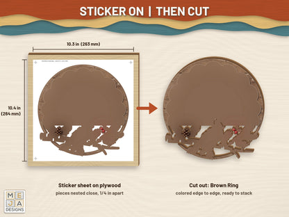 Hello Winter Cardinal Sign sticker pack: a sticker sheet on the wood, then cut on the laser