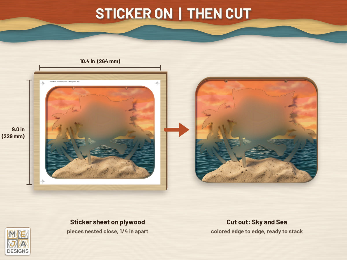 Jolly Roger Island Sign sticker pack: a sticker sheet on the wood, then cut on the laser