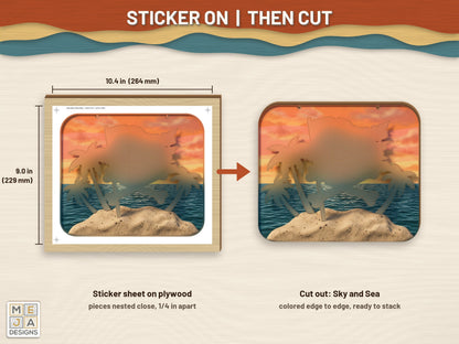 Jolly Roger Island Sign sticker pack: a sticker sheet on the wood, then cut on the laser