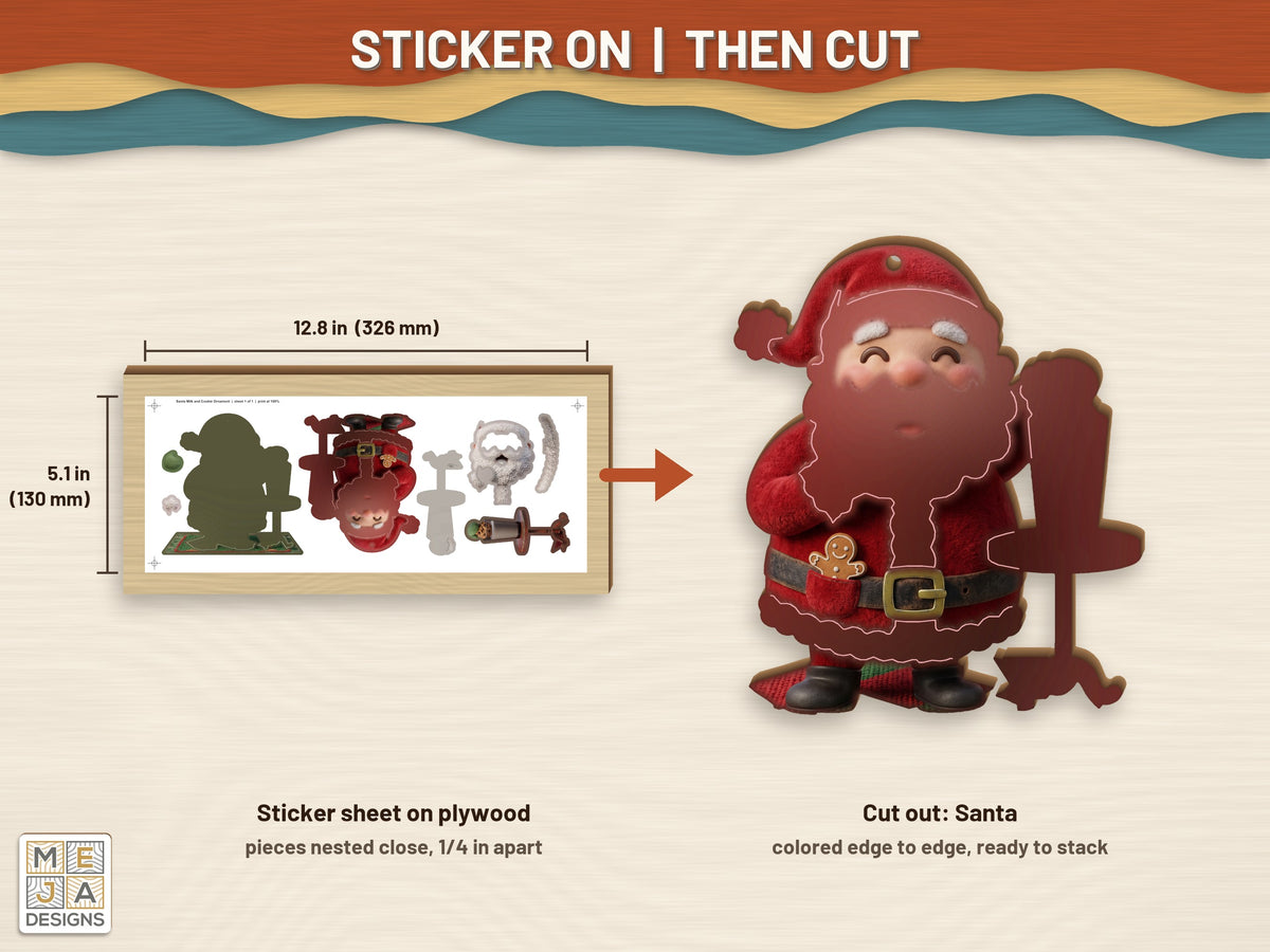 Santa Milk and Cookie Ornament sticker pack: a sticker sheet on the wood, then cut on the laser
