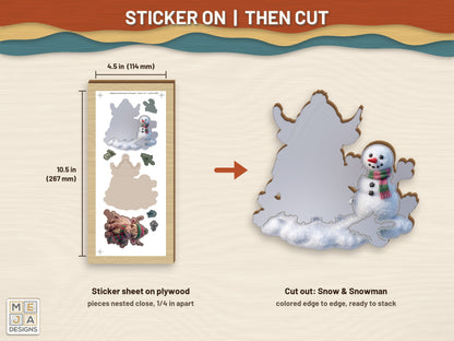 Highland Cow Snowman Ornament sticker pack: a sticker sheet on the wood, then cut on the laser