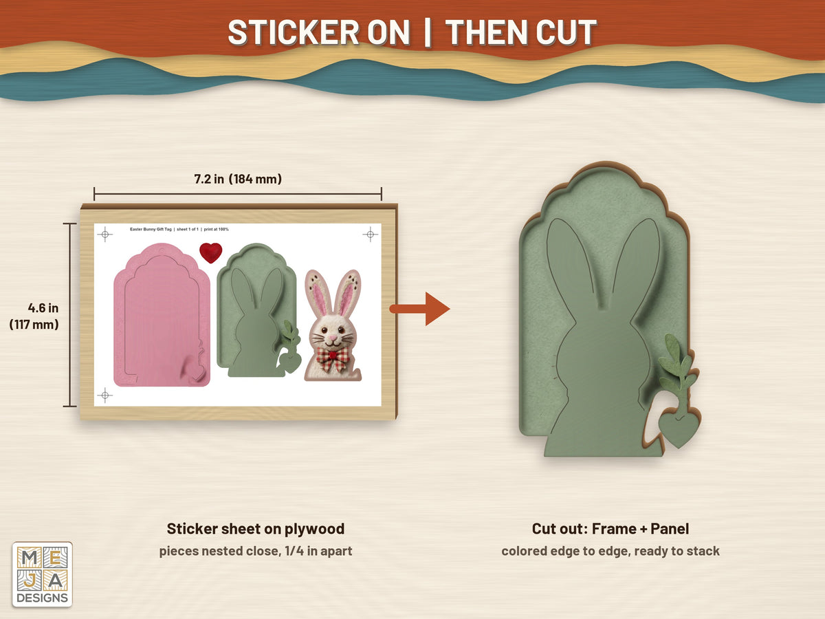 Easter Bunny Gift Tag sticker pack: a sticker sheet on the wood, then cut on the laser