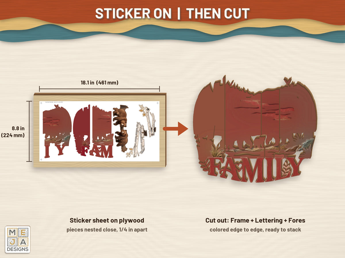 Rustic Bear Family Sign sticker pack: a sticker sheet on the wood, then cut on the laser