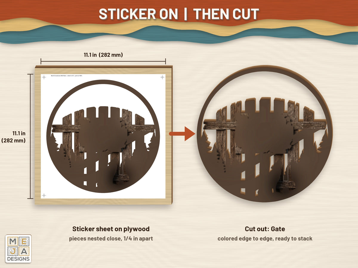 Skull Crossbones Wolf Gate sticker pack: a sticker sheet on the wood, then cut on the laser