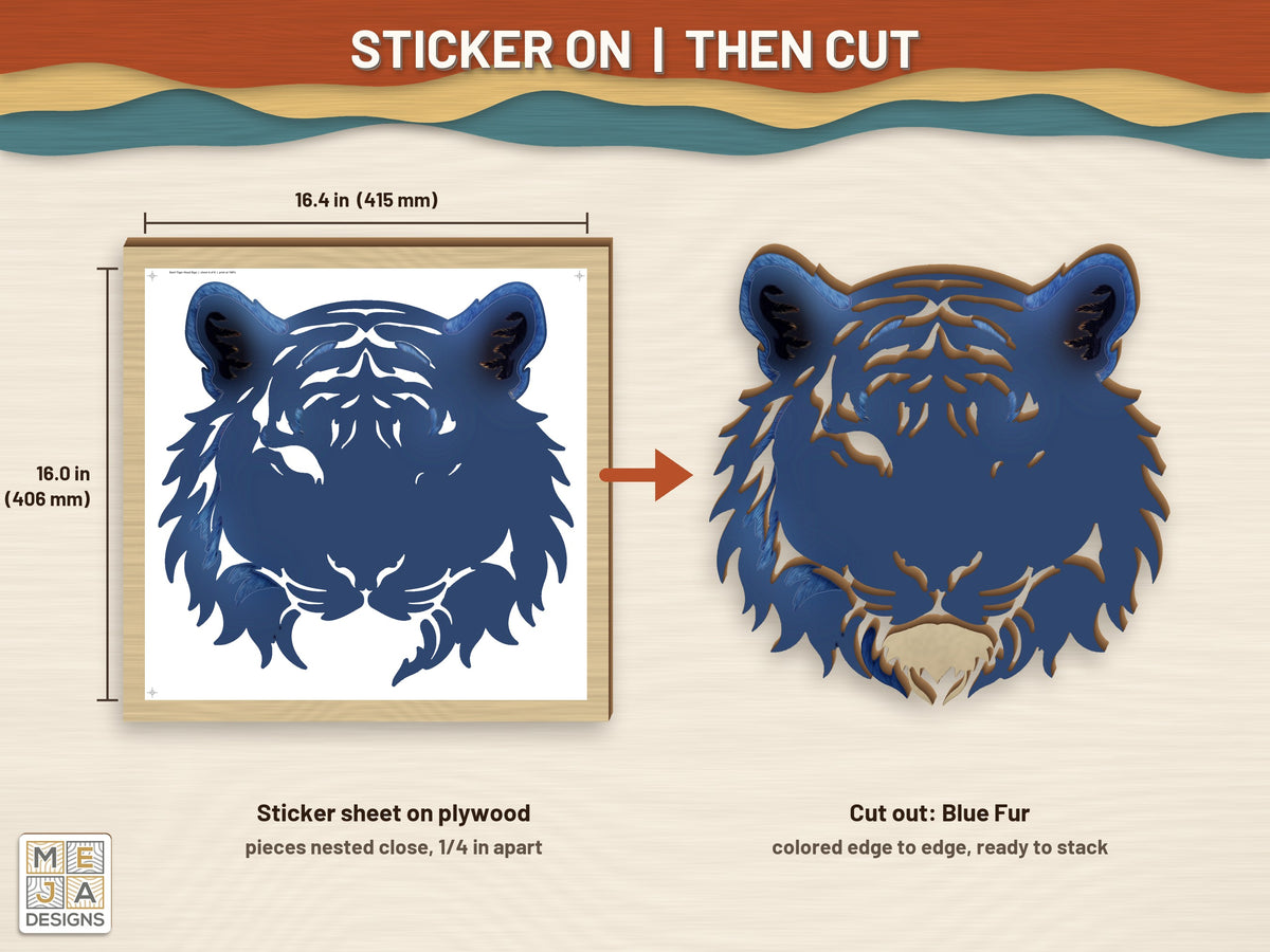 Swirl Tiger Head Sign sticker pack: a sticker sheet on the wood, then cut on the laser