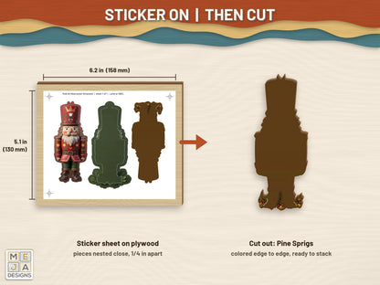 Folk Art Nutcracker Ornament sticker pack: a sticker sheet on the wood, then cut on the laser