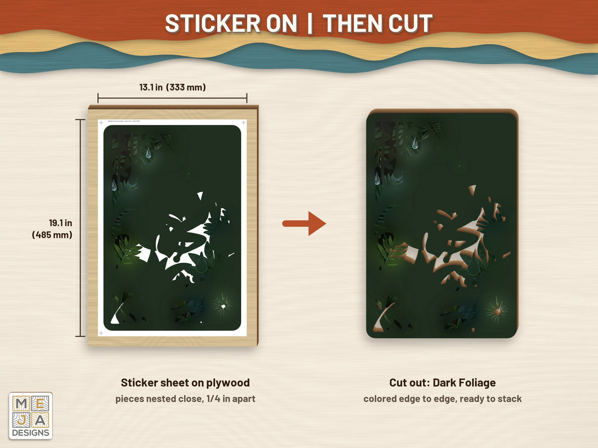 Red-Eyed Tree Frog Jungle sticker pack: a sticker sheet on the wood, then cut on the laser