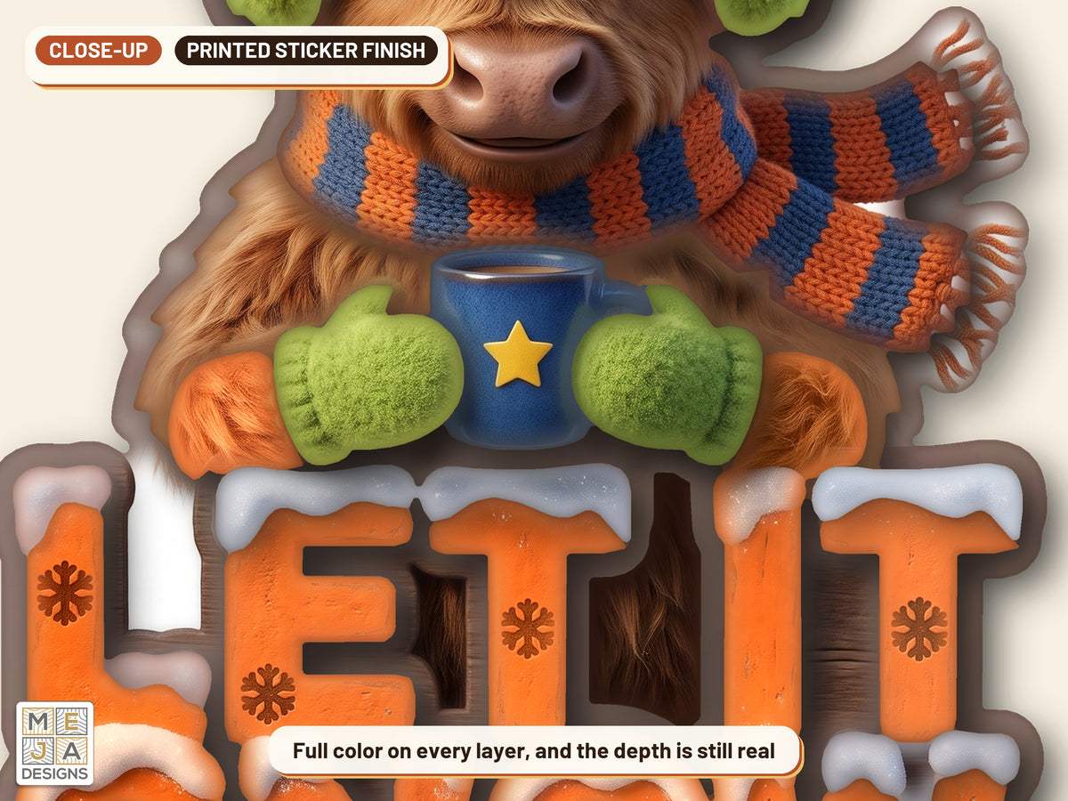 Highland Cow Let It Snow Ornament sticker pack: a close-up of the stickered layers