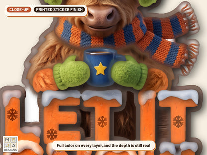 Highland Cow Let It Snow Ornament sticker pack: a close-up of the stickered layers