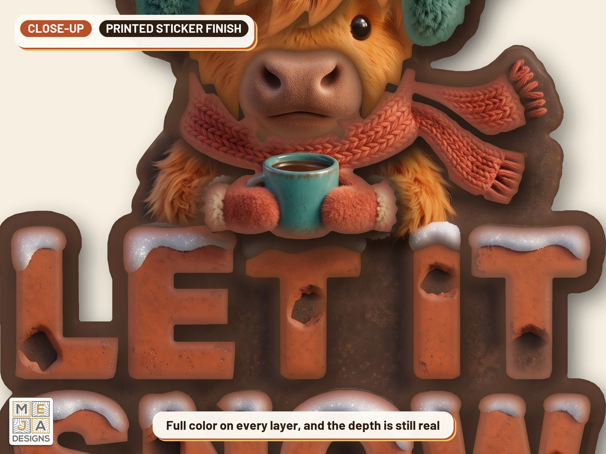 Highland Cow Let It Snow Ornament sticker pack: a close-up of the stickered layers