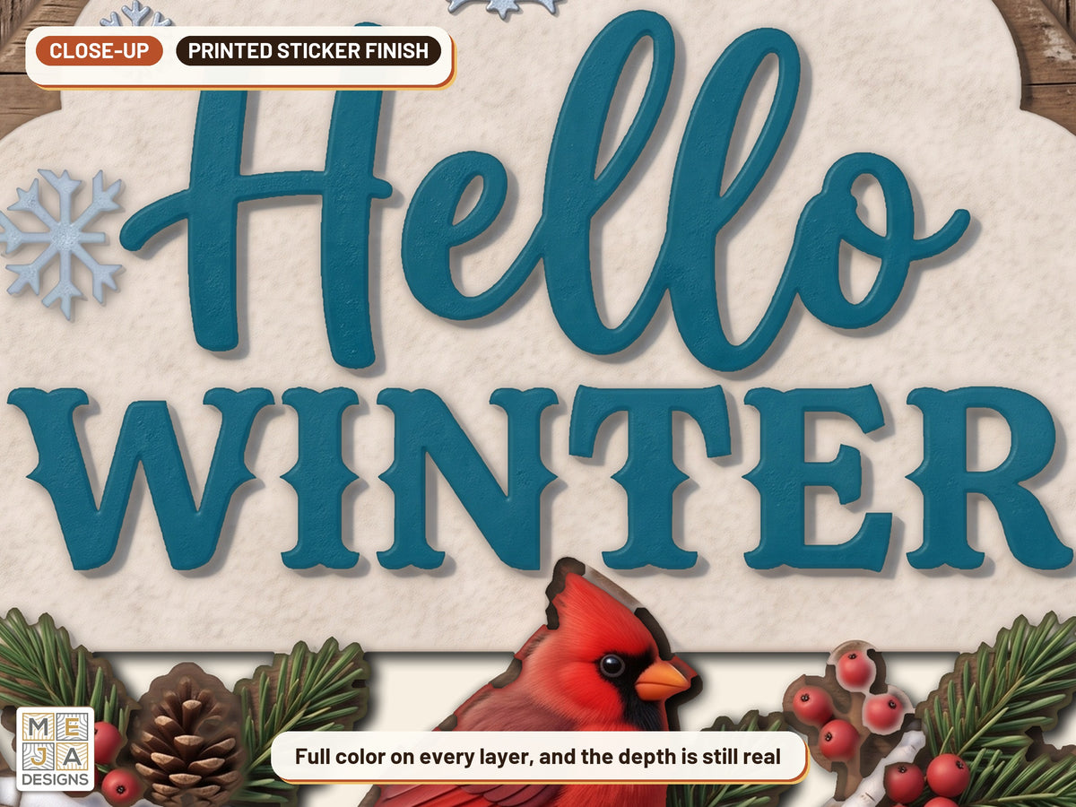 Hello Winter Cardinal Sign sticker pack: a close-up of the stickered layers