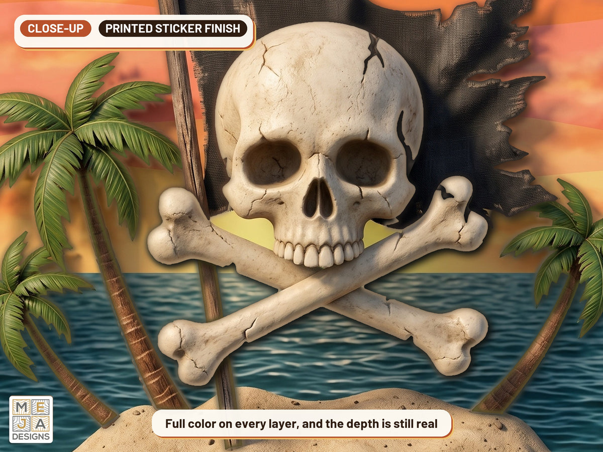 Jolly Roger Island Sign sticker pack: a close-up of the stickered layers