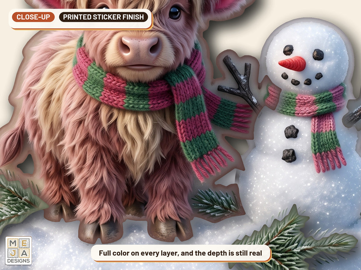 Highland Cow Snowman Ornament sticker pack: a close-up of the stickered layers