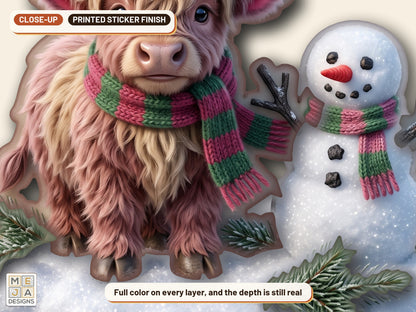Highland Cow Snowman Ornament sticker pack: a close-up of the stickered layers