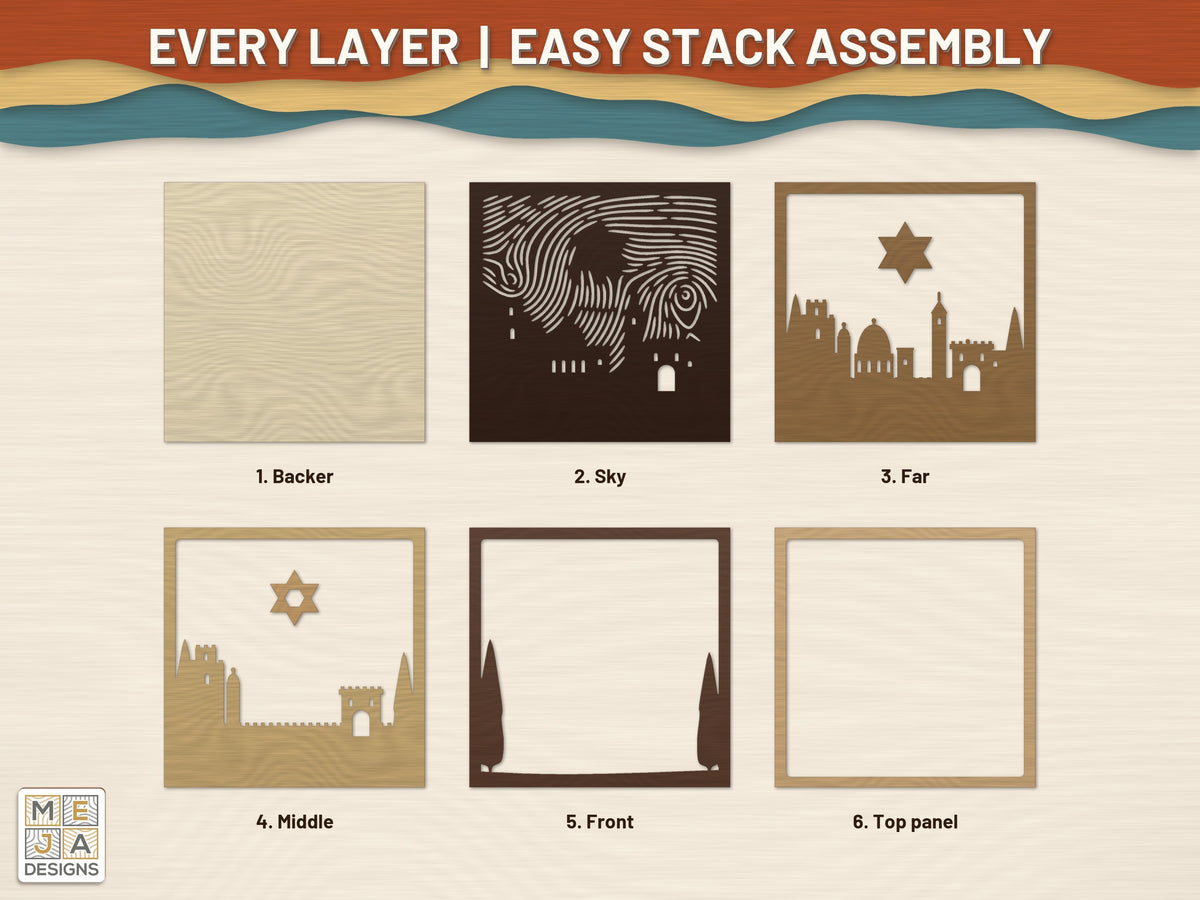 Star of David over Jerusalem Layered Scene laser cut file: every layer laid out