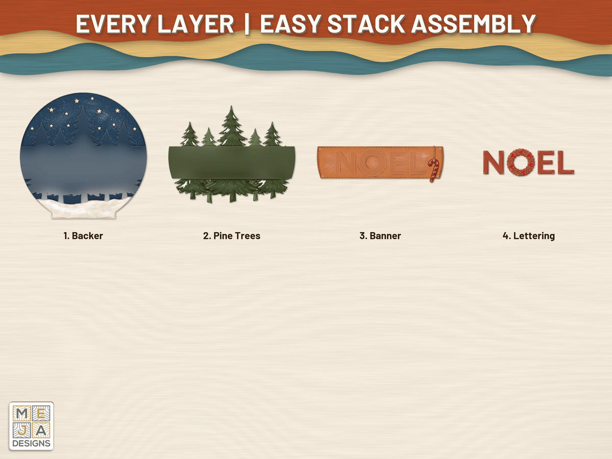 Pine Forest Noel Sign laser cut file: every layer laid out