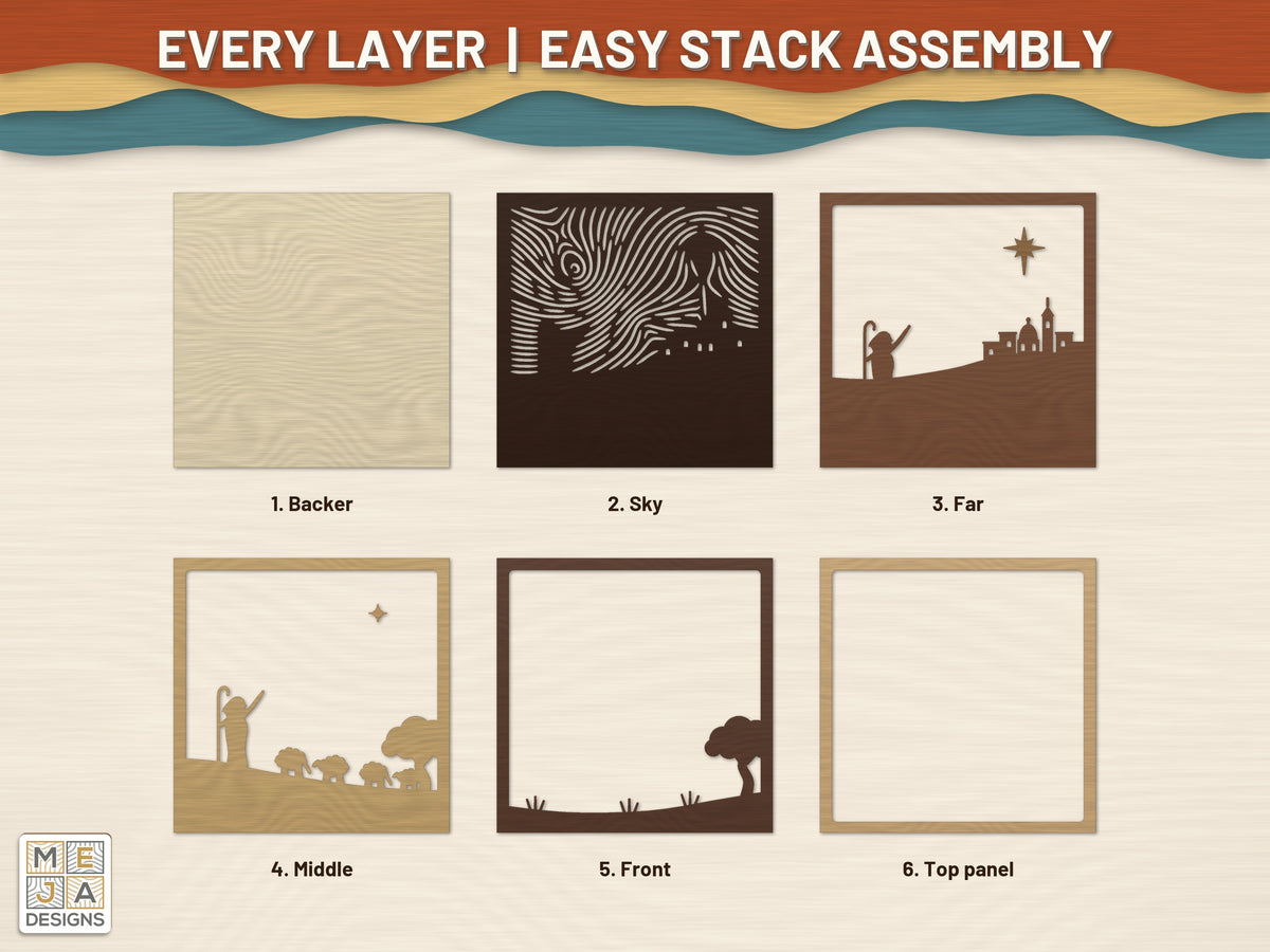 Shepherds Under the Star Layered Scene laser cut file: every layer laid out